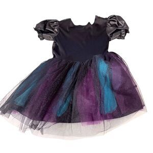 Girls Black Purple Teal Glitter Tulle Puff Sleeve Halloween Costume Dress